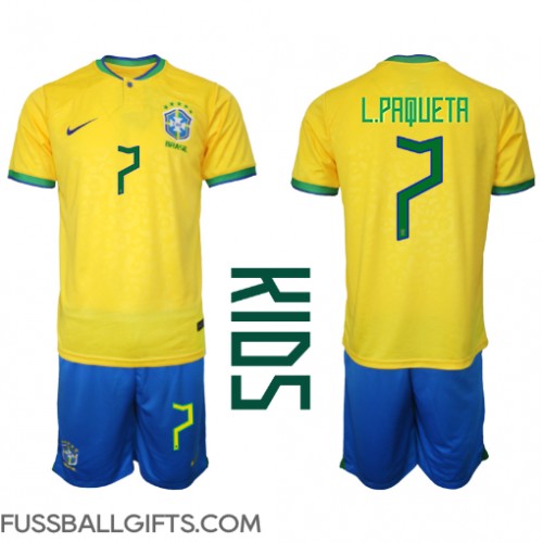 Brasilien Lucas Paqueta #7 Fußballbekleidung Heimtrikot Kinder WM 2022 Kurzarm (+ kurze hosen)